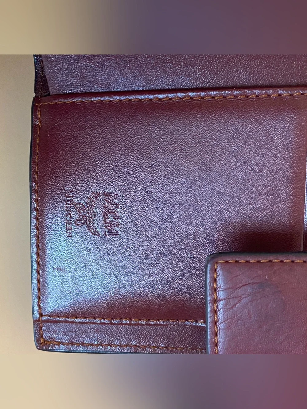MCM Two-Tone Trifold Leather Continental Wallet in Burgundy and Cognac Brown